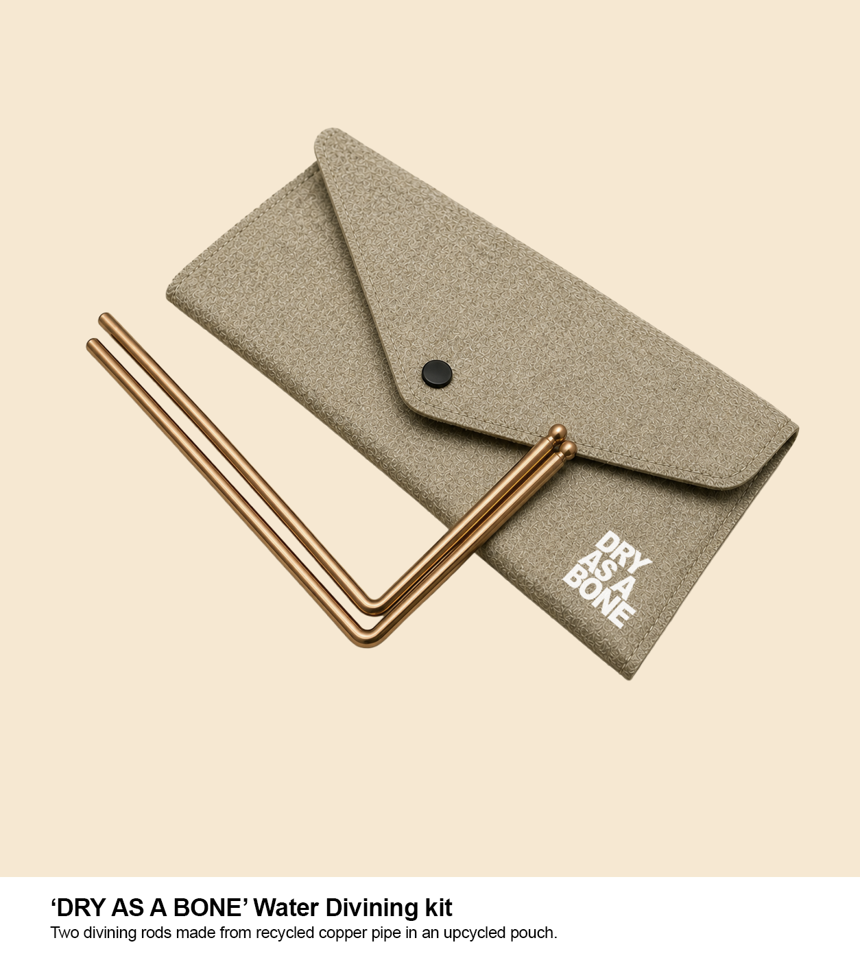 Water divining kit with two copper rods and a sandy felt pouch